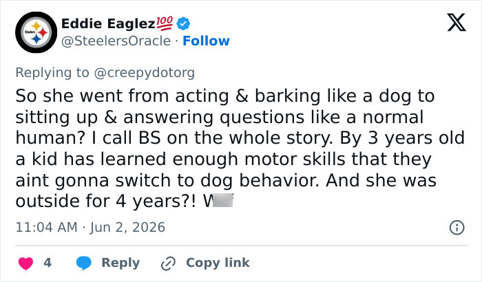 A tweet questioning the story of the girl abandoned by parents, suggesting disbelief in her behavior. A tweet questioning the story of the girl abandoned by parents, suggesting disbelief in her behavior.