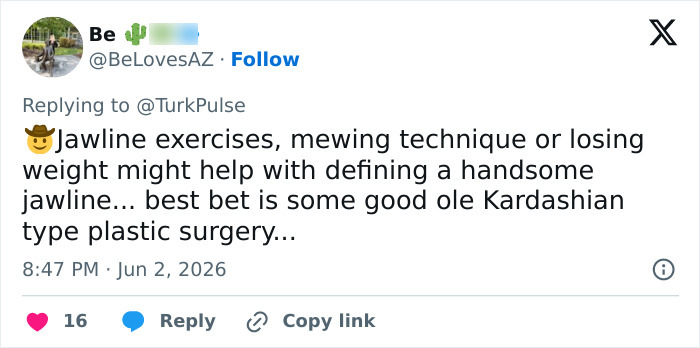 Social media post discussing jawline exercises and plastic surgery for jawline definition