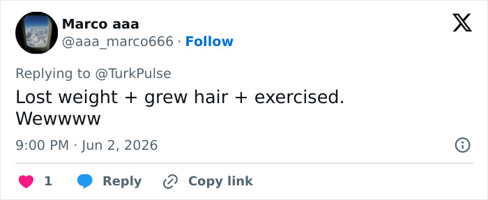 Comment mentioning weight loss, hair growth, and exercise contributing to transformation