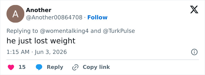 Tweet commenting the man just lost weight
