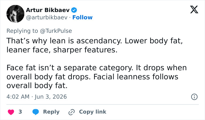 Comment explaining facial leanness follows overall body fat reduction, linked to jaw exercises results