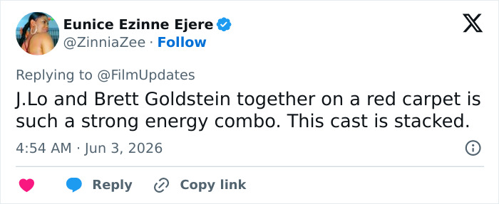 Tweet praising Jennifer Lopez and Brett Goldstein red carpet energy Tweet praising Jennifer Lopez and Brett Goldstein red carpet energy