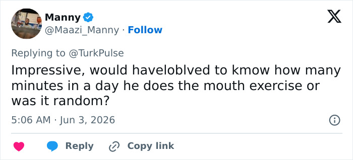Comment asking about duration of daily jaw exercises in transformation