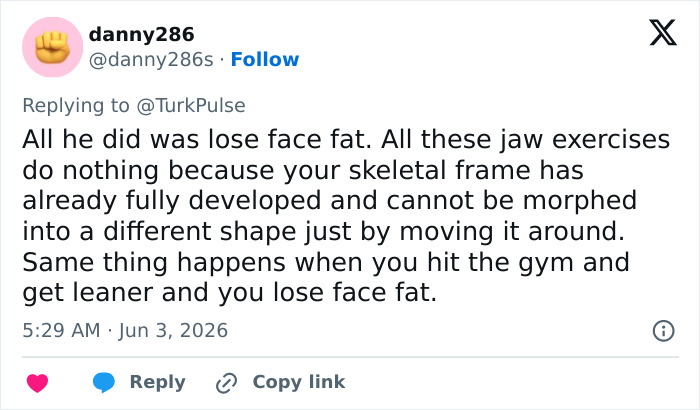 Comment disputing effectiveness of jaw exercises for facial changes and weight loss