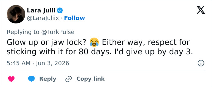 User joking about jaw lock and respecting 80-day jaw exercise commitment