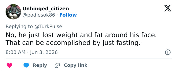 Comment suggesting weight loss and fasting cause facial changes