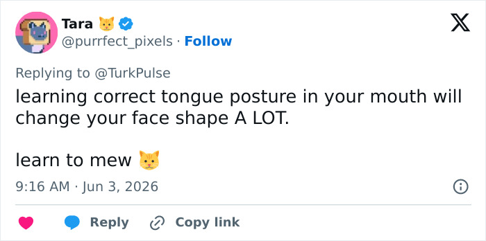 Message about correct tongue posture changing face shape and using mewing