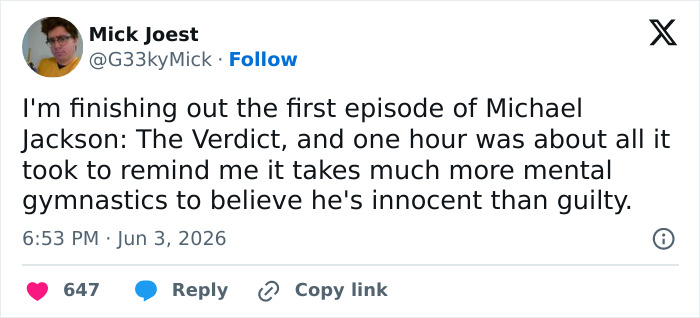 Tweet commenting on Michael Jackson documentary and its perspective