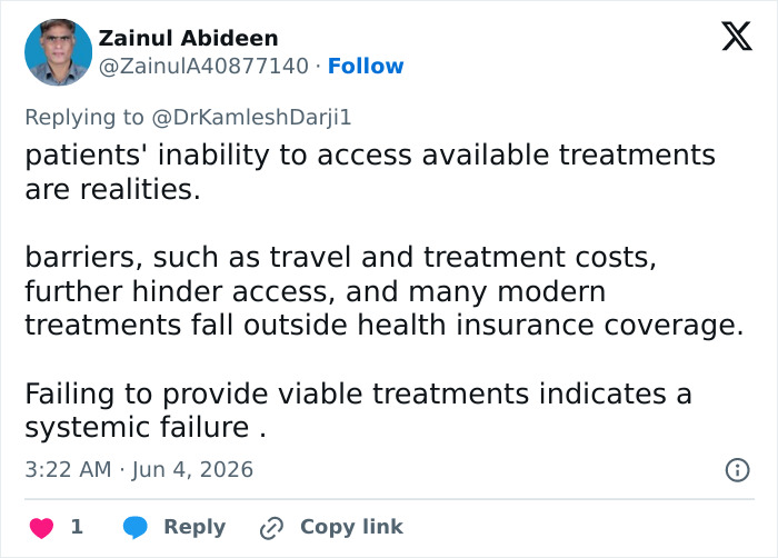 Tweet discussing patients' inability to access treatments due to costs and insurance coverage in health debate Tweet discussing patients' inability to access treatments due to costs and insurance coverage in health debate
