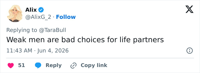 Tweet stating weak men are poor choices for life partners on Sharon Stone surgery topic