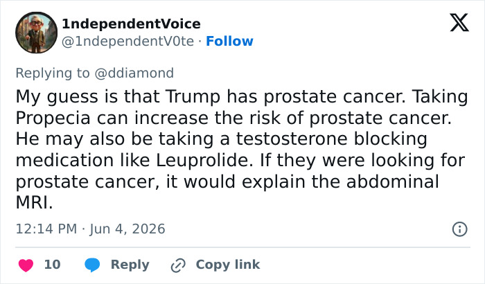Tweet speculating on Trump's prostate cancer and hair-loss treatment risks