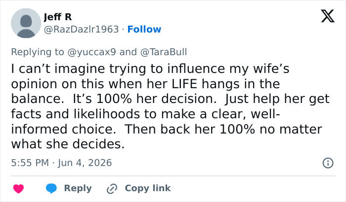 Tweet about supporting wife's decision and breast cancer