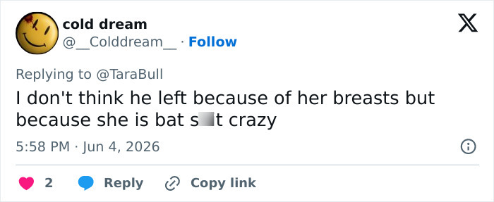 Twitter user replies on Sharon Stone husband surgery story, calling her crazy