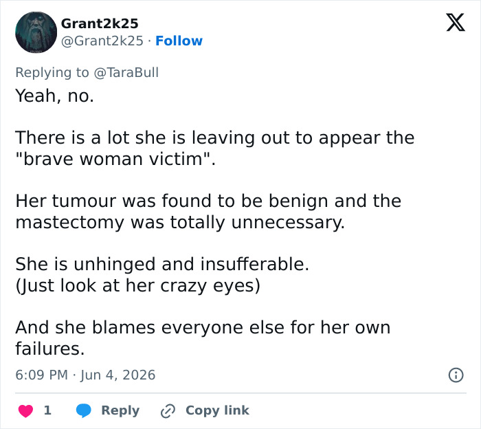Screenshot of a tweet criticizing Sharon Stone's surgery decision and calling her unhinged