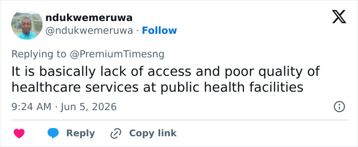 Tweet highlighting lack of access and poor quality healthcare services in public health facilities Tweet highlighting lack of access and poor quality healthcare services in public health facilities