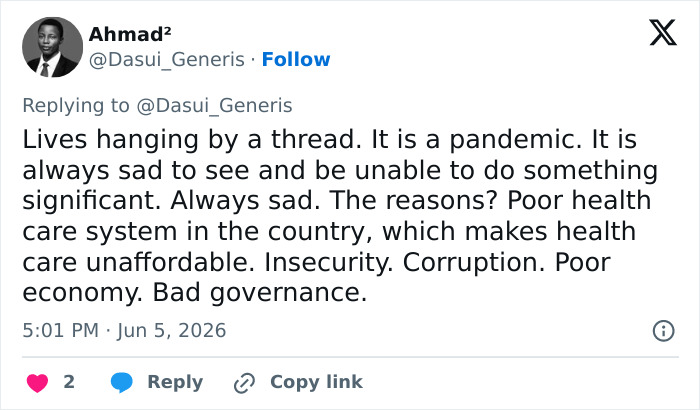 Tweet discussing poor health care system making treatment unaffordable and bad governance Tweet discussing poor health care system making treatment unaffordable and bad governance