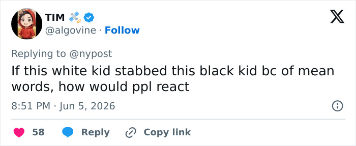 Social media comment questioning reaction to stabbing incident in Karmelo Anthony's case
