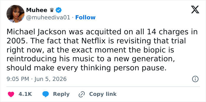 Social media post discussing Michael Jackson trial acquittal and Netflix biopic