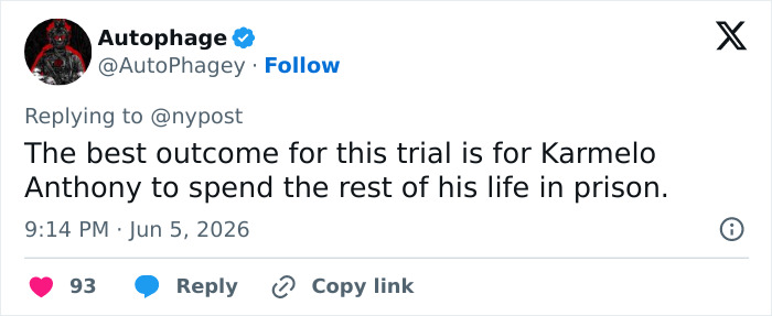 Tweet supporting Karmelo Anthony's life sentence in prison trial