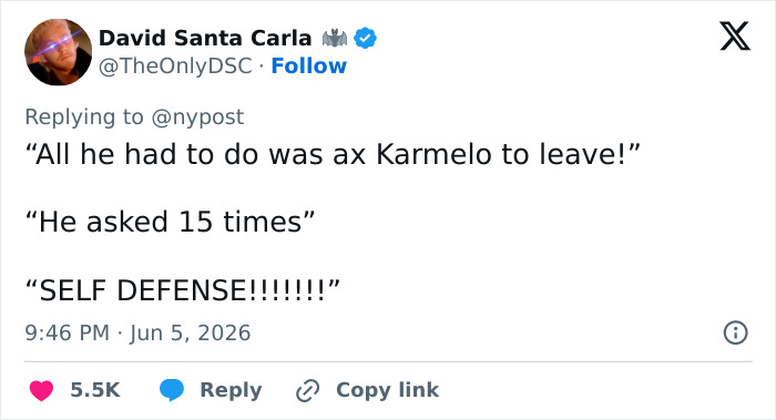 Tweet quoting self defense claims related to Karmelo with engagement metrics