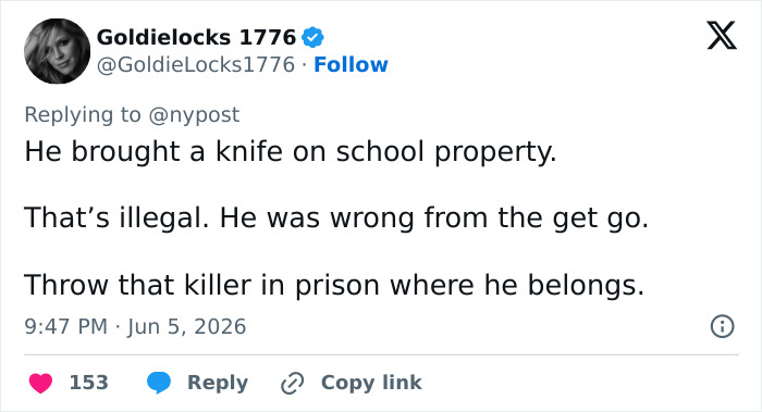 Tweet about Karmelo Anthony bringing a knife on school property and prison sentence