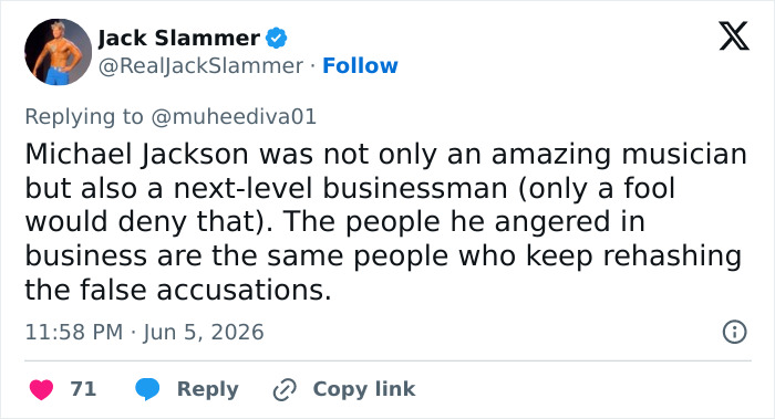 Tweet defending Michael Jackson as an amazing musician and businessman amid accusations