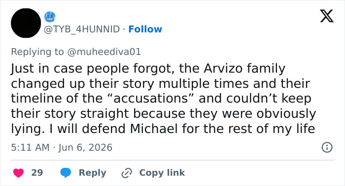 Tweet criticizing the Arvizo family over changed accusations against Michael Jackson