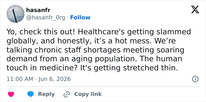 Tweet discussing healthcare staff shortages and aging population impact Tweet discussing healthcare staff shortages and aging population impact