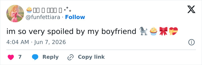 Tweet saying spoiled by boyfriend with emojis reflecting spoiling and affection