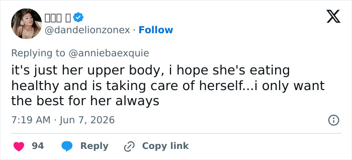 Fan hopes Ariana Grande is eating healthy and taking care of her upper body health