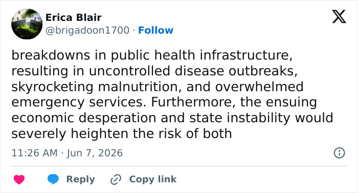 Tweet about public health infrastructure breakdown leading to disease outbreaks and malnutrition Tweet about public health infrastructure breakdown leading to disease outbreaks and malnutrition