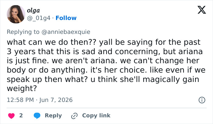 Follower reflects on Ariana Grande's body choices and expresses acceptance of her decisions
