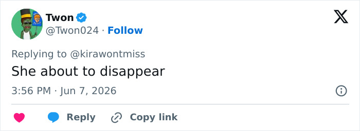A screenshot of a tweet from user @Twon024 saying 'She about to disappear,' relating to Ariana Grande fans concern.