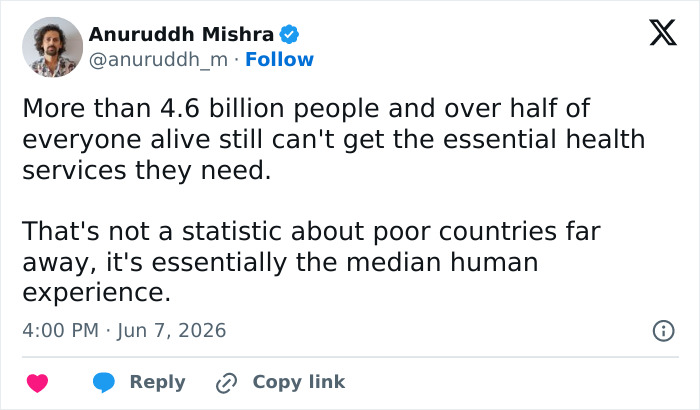 Tweet highlighting global lack of essential health services access Tweet highlighting global lack of essential health services access