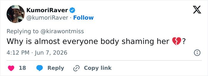 A tweet from KumoriRaver questioning body shaming, relating to Ariana Grande's viral tour video concern.