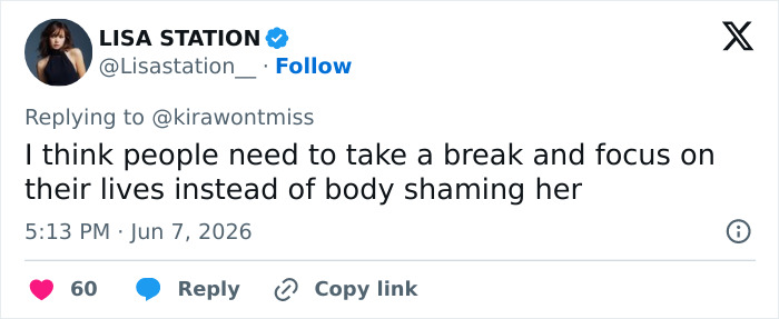 A screenshot of a tweet from user @Lisastation_ saying 'I think people need to take a break and focus on their lives instead of body shaming her,' regarding Ariana Grande fans concern.