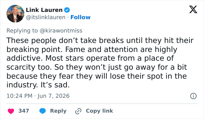 A tweet from Link Lauren about stars and a*******n, related to Ariana Grande's viral tour video concern.