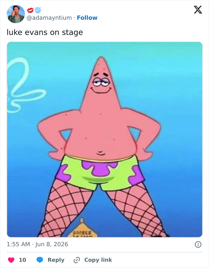 Cartoon image joked as Luke Evans' performance style at 2026 Tonys Cartoon image joked as Luke Evans' performance style at 2026 Tonys