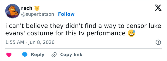 Tweet reacting to Luke Evans costume uncensored during 2026 Tonys tv performance Tweet reacting to Luke Evans costume uncensored during 2026 Tonys tv performance