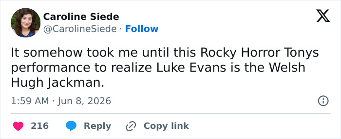 Tweet comparing Luke Evans to Welsh Hugh Jackman after 2026 Tonys Tweet comparing Luke Evans to Welsh Hugh Jackman after 2026 Tonys