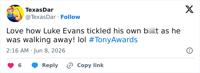 Viewer comments on Luke Evans provocative moment at 2026 Tonys Viewer comments on Luke Evans provocative moment at 2026 Tonys