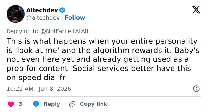 Tweet criticizing use of baby as content prop in Bonnie Blue baby shower