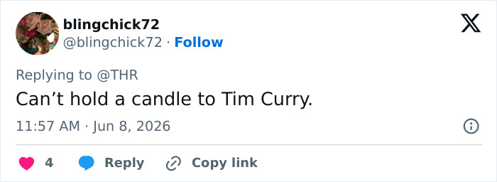 Viewer compares performance unfavorably to Tim Curry at 2026 Tonys Viewer compares performance unfavorably to Tim Curry at 2026 Tonys