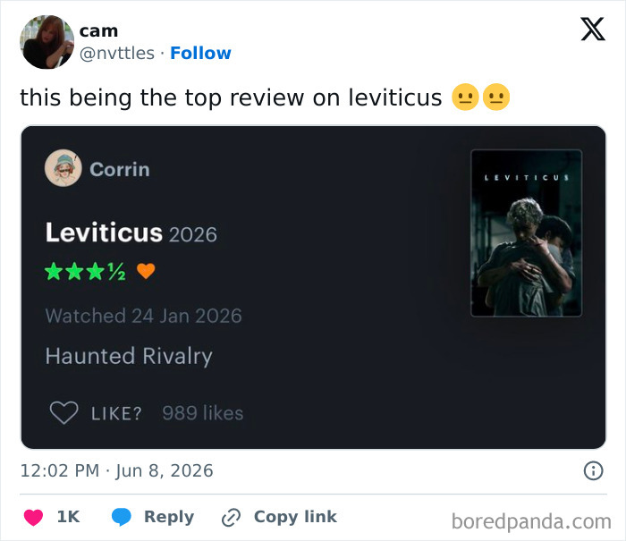 Funny online reviews: A top review for 'Leviticus 2026' describing a 'Haunted Rivalry'.