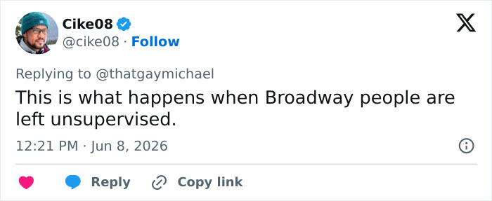 Tweet commenting on unsupervised Broadway people after 2026 Tonys Tweet commenting on unsupervised Broadway people after 2026 Tonys