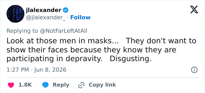 Tweet condemning masked men at Bonnie Blue baby shower for depravity
