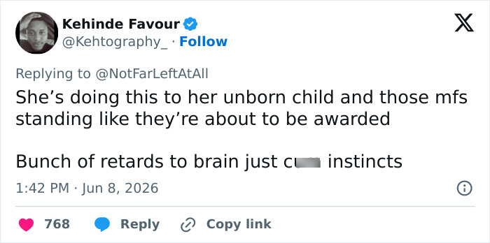 Tweet criticizing actions affecting unborn child from Bonnie Blue's baby shower guests
