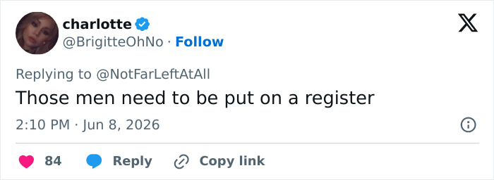 Tweet demanding men be put on register from Bonnie Blue baby shower comments