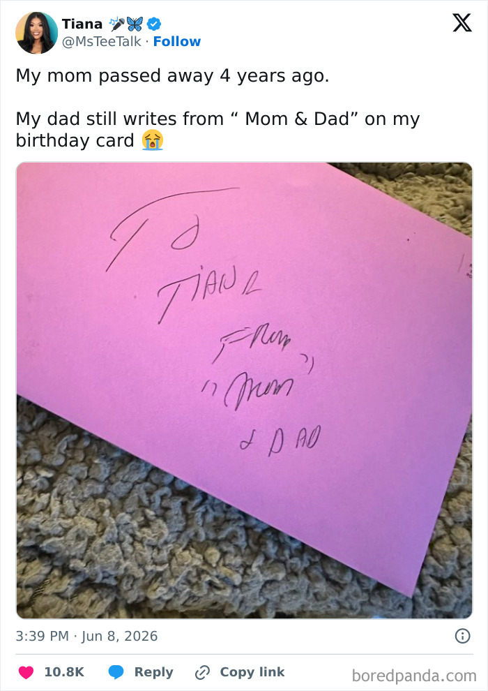 A pink birthday card with a handwritten message from a father to his child, showing the love of amazing fathers.