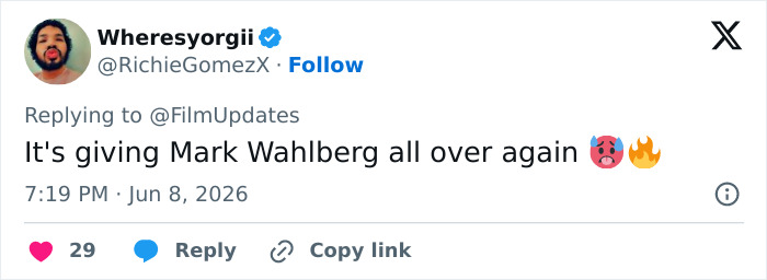 Social media comment referencing Mark Wahlberg Calvin Klein ad recreation Social media comment referencing Mark Wahlberg Calvin Klein ad recreation